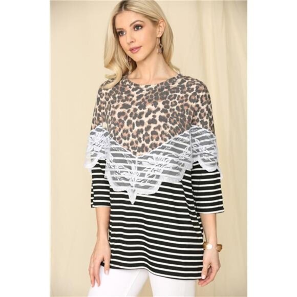 Celeste Full Size Leopard Spliced Stripe T-Shirt with Lace Detail - Picture 1 of 4